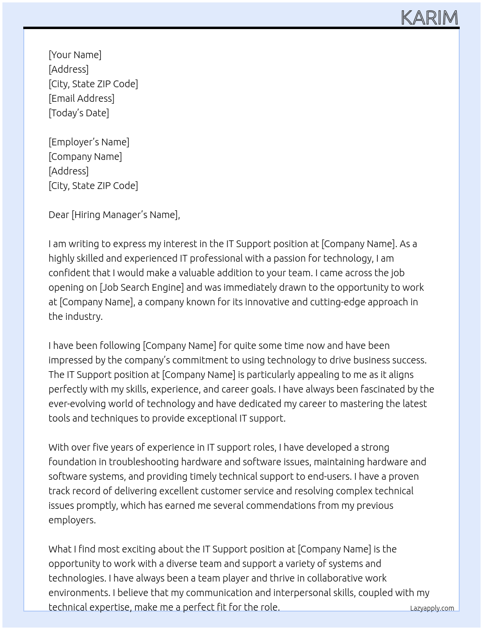 IT Support At Any company Cover Letter