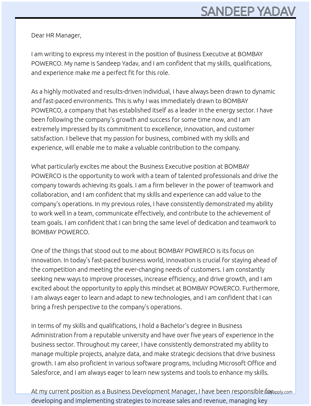 Business Executive At BOMBAY POWERCO Cover Letter