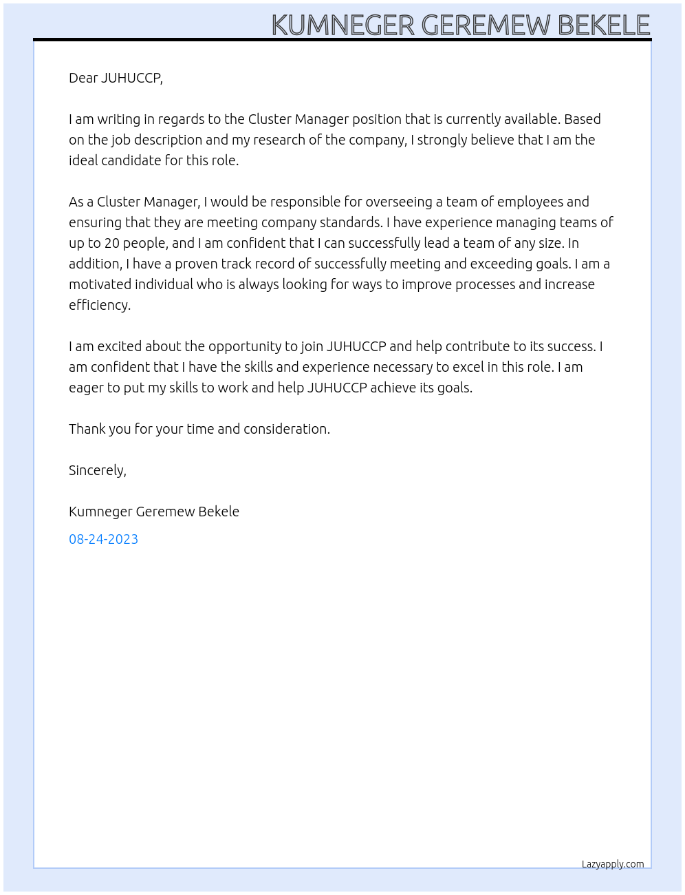 Cluster Manager At JUHUCCP Cover Letter