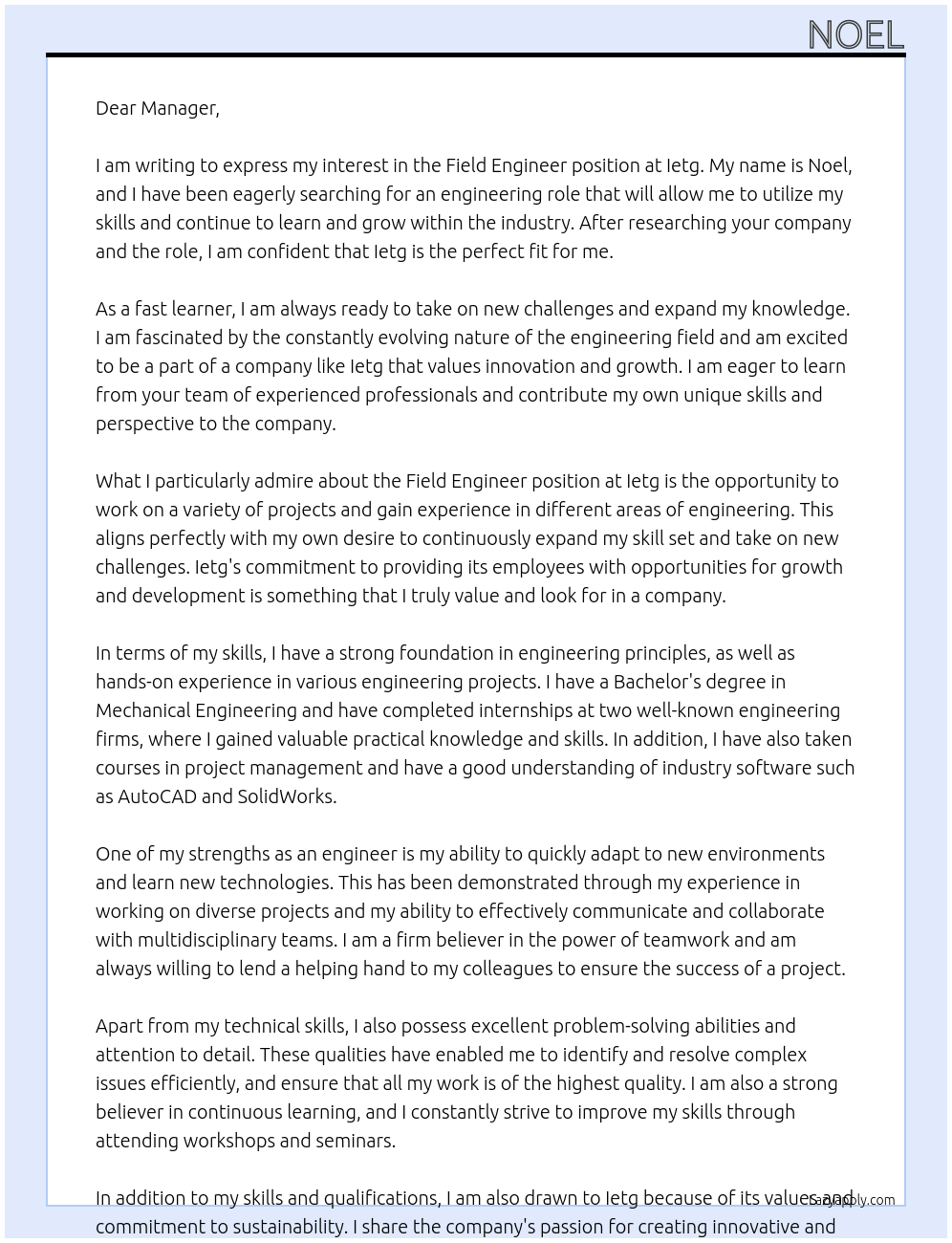 field engineer At Ietg Cover Letter