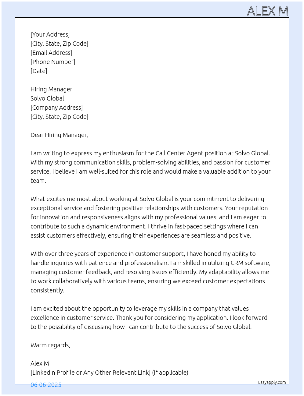 Call Center Agent At Solvo Global Cover Letter