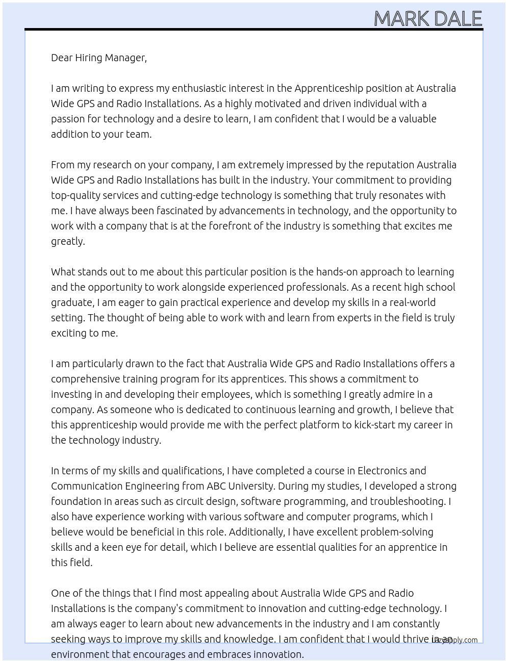 Apprenticeship At Australia Wide GPS and Radio Installations Cover Letter