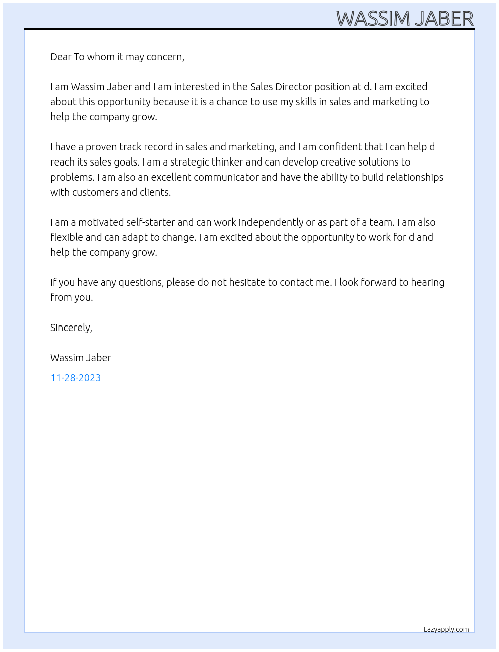 Sales Director At d Cover Letter