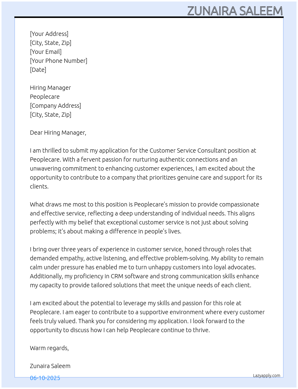 Customer service consultant At Peoplecare Cover Letter
