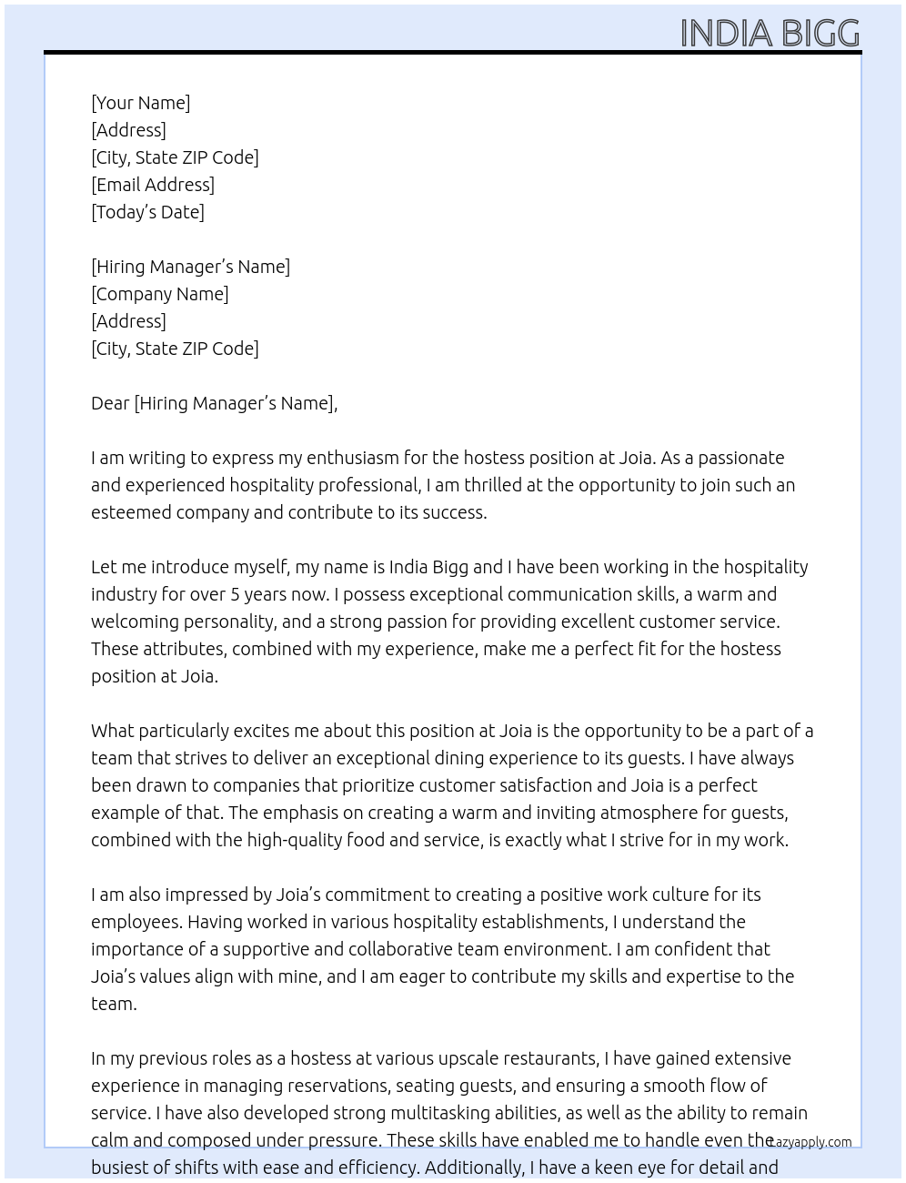 hostess At Joia Cover Letter