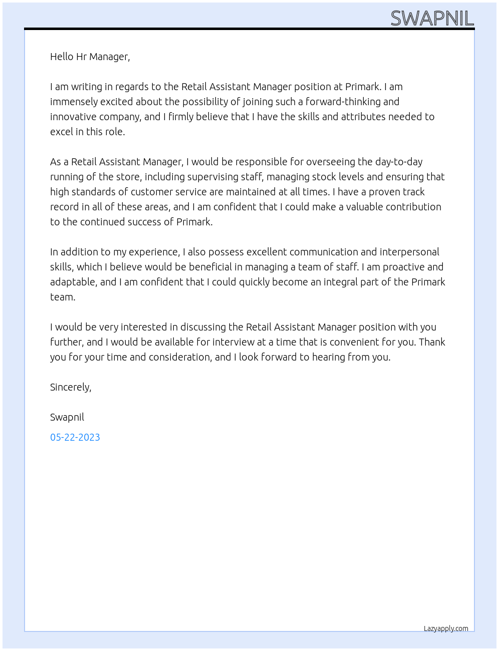 Retail Assistant Manager At Primark Cover Letter