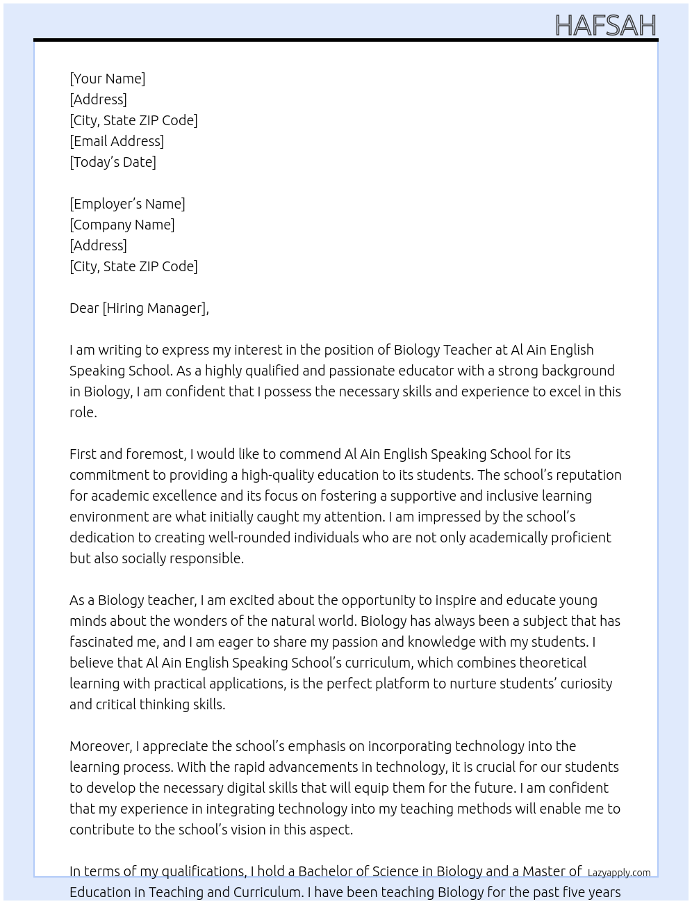 biology teacher At Al Ain English Speaking School Cover Letter