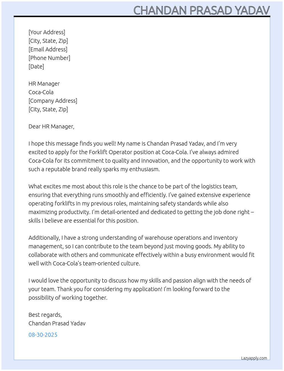 Forklift operator At Coca cola Cover Letter