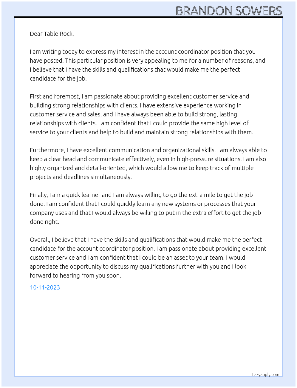 Account coordinator At Table Rock Cover Letter