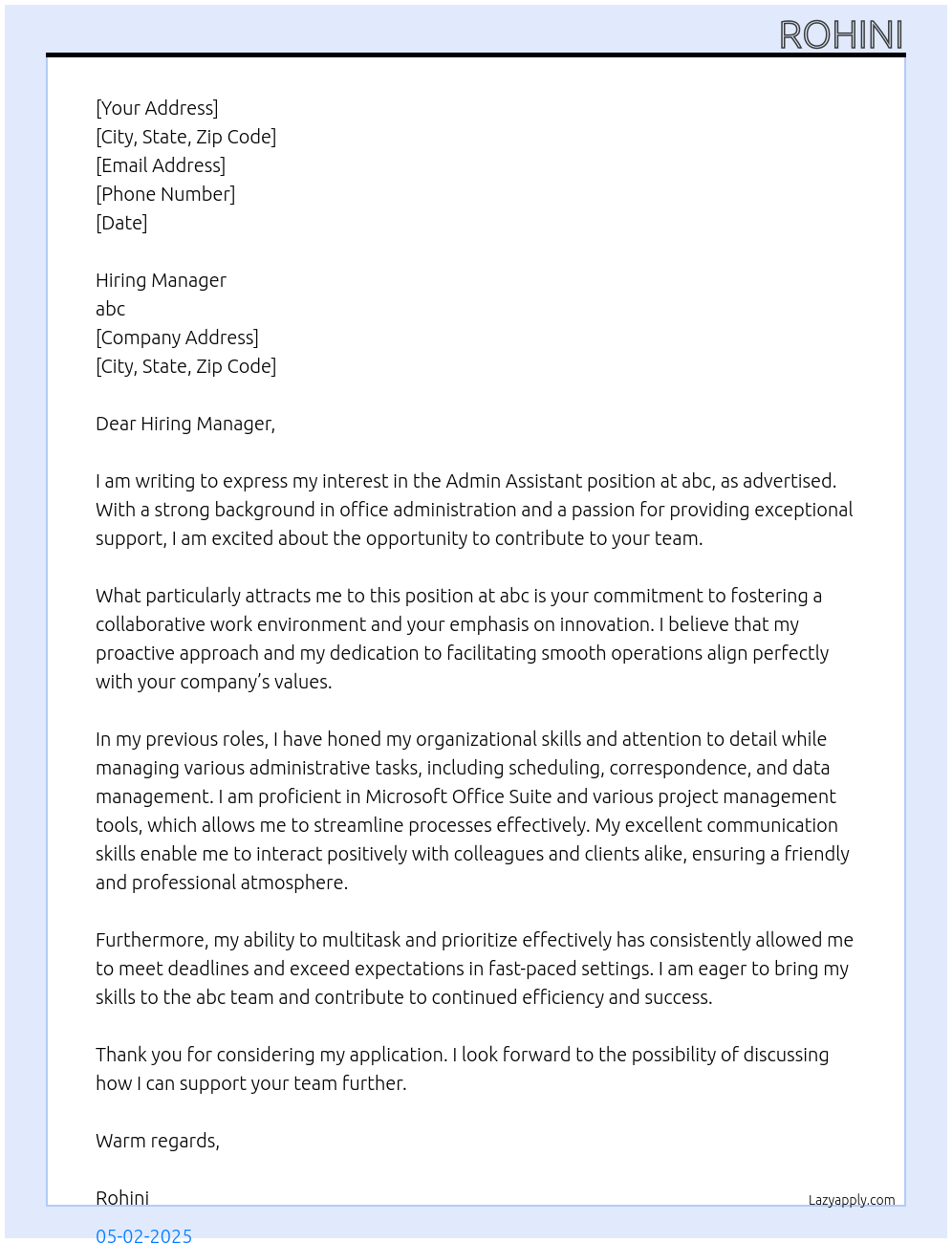 Admin Assistant At abc Cover Letter