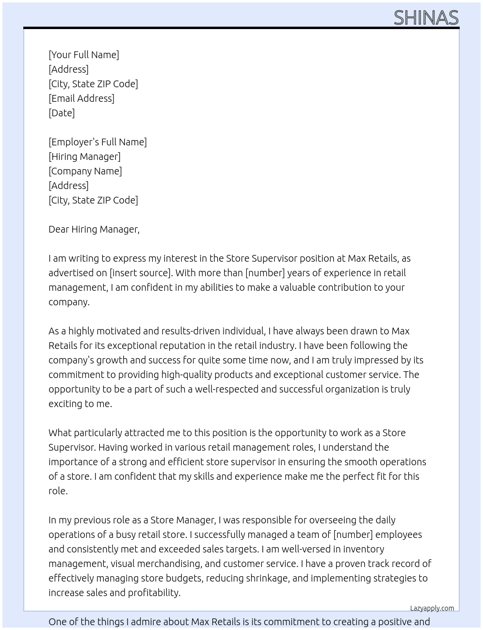 Store supervisor At Max retails Cover Letter