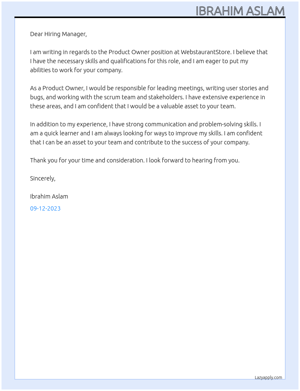 Product Owner At WebstaurantStore Cover Letter