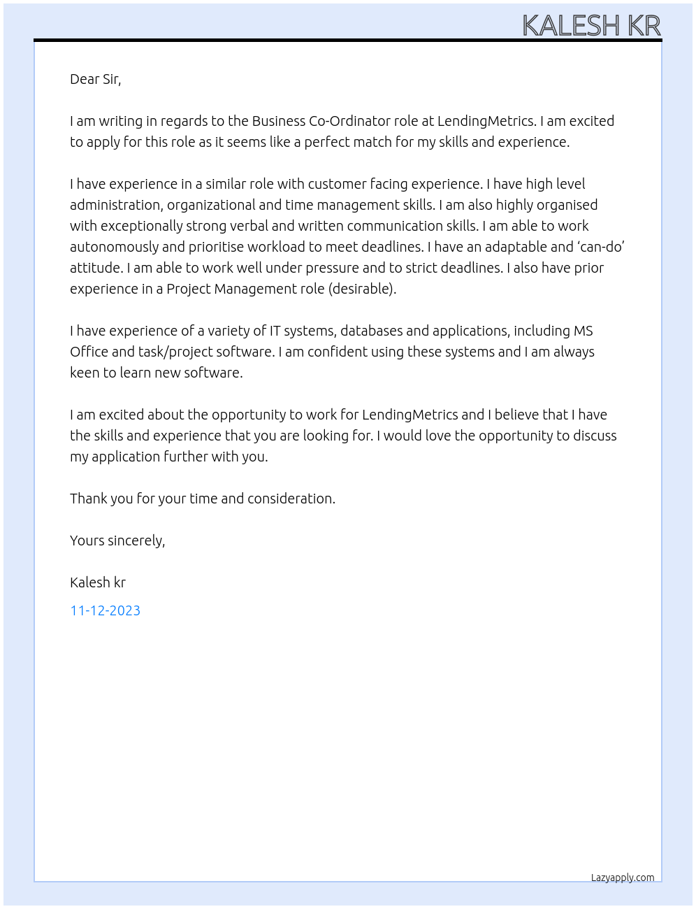 Business Co-Ordinator At  LendingMetrics Cover Letter