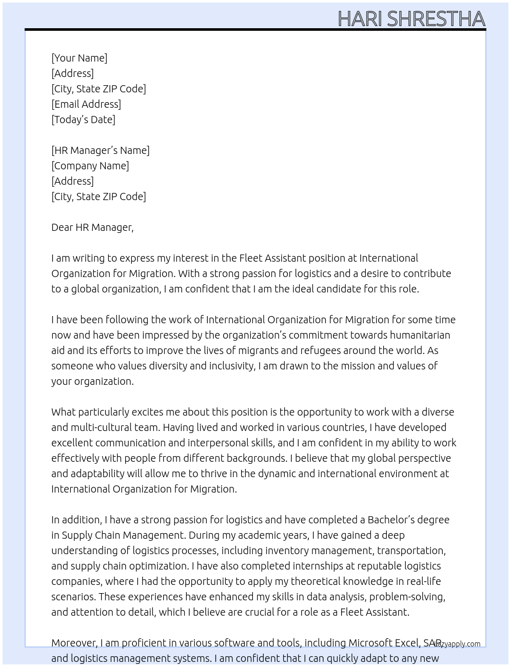 Fleet Assistant At International Organization for Migration Cover Letter