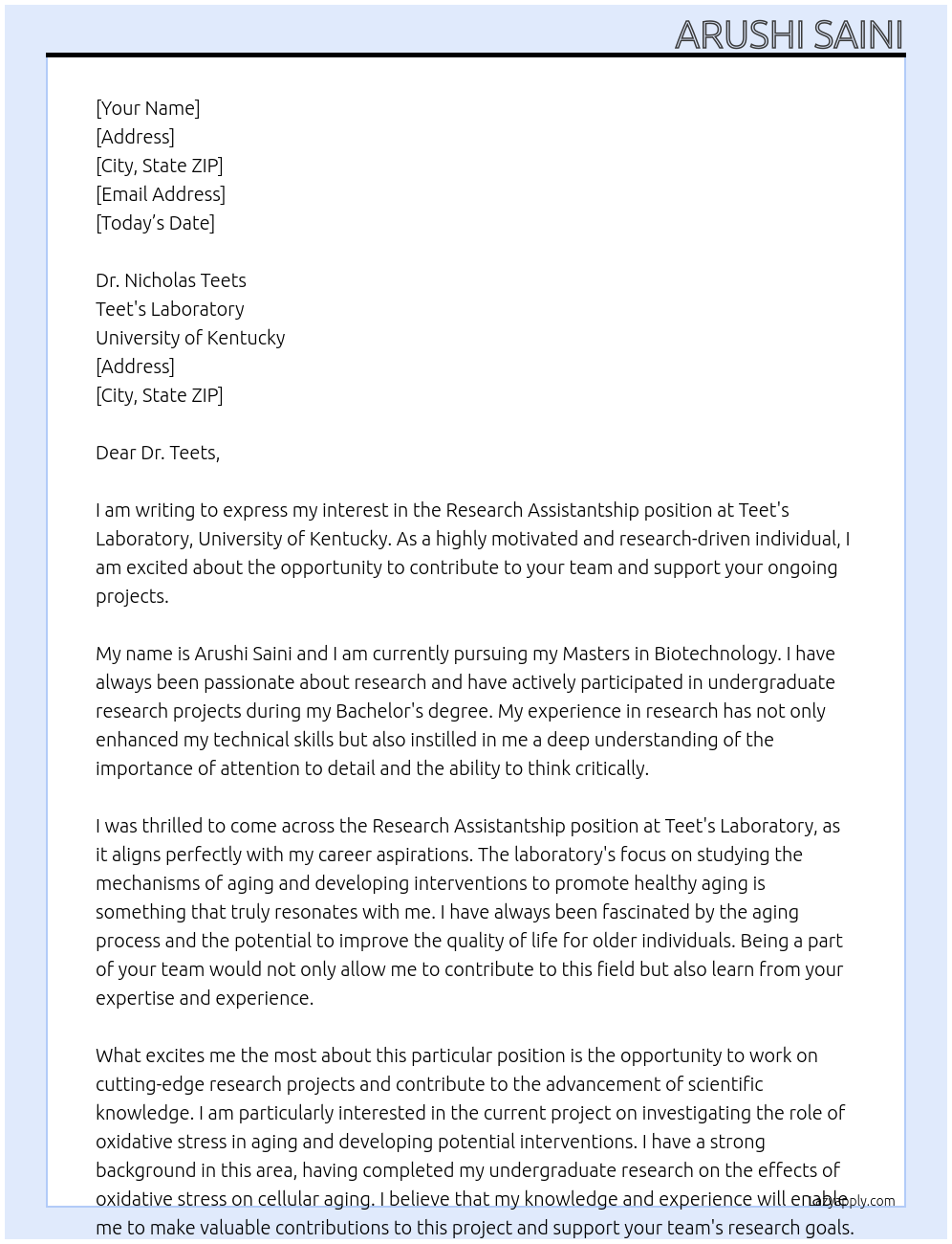 Research assistantship  At Teet's laboratory, University of Kentucky  Cover Letter