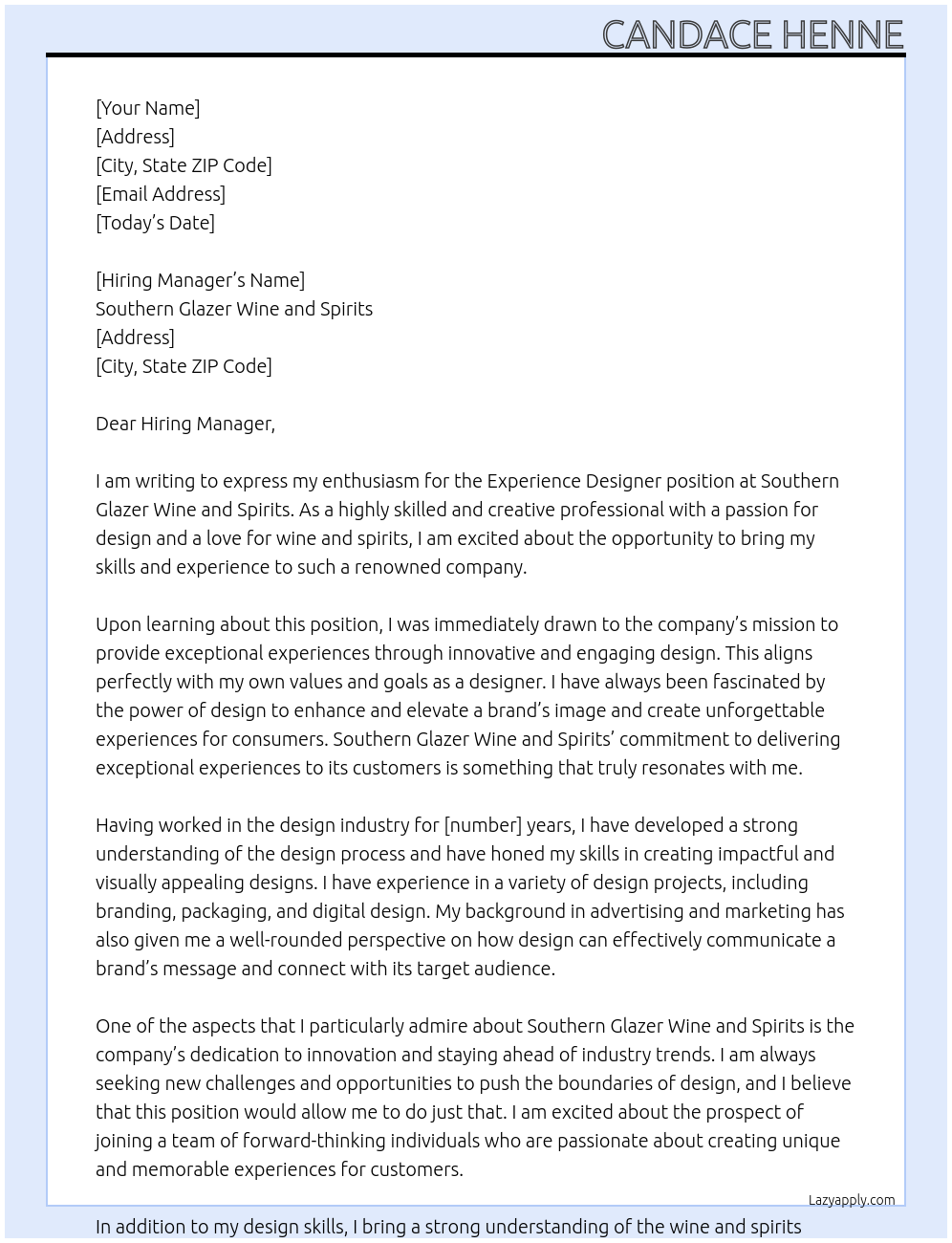 Experience Designer At Southern Glazer Wine and Spirits Cover Letter