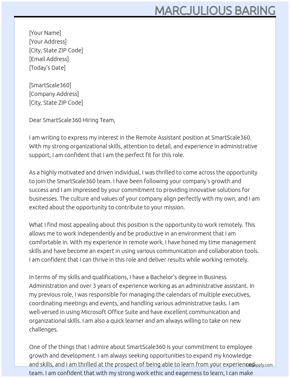 Remote Assistant At SmartScale360 Cover Letter