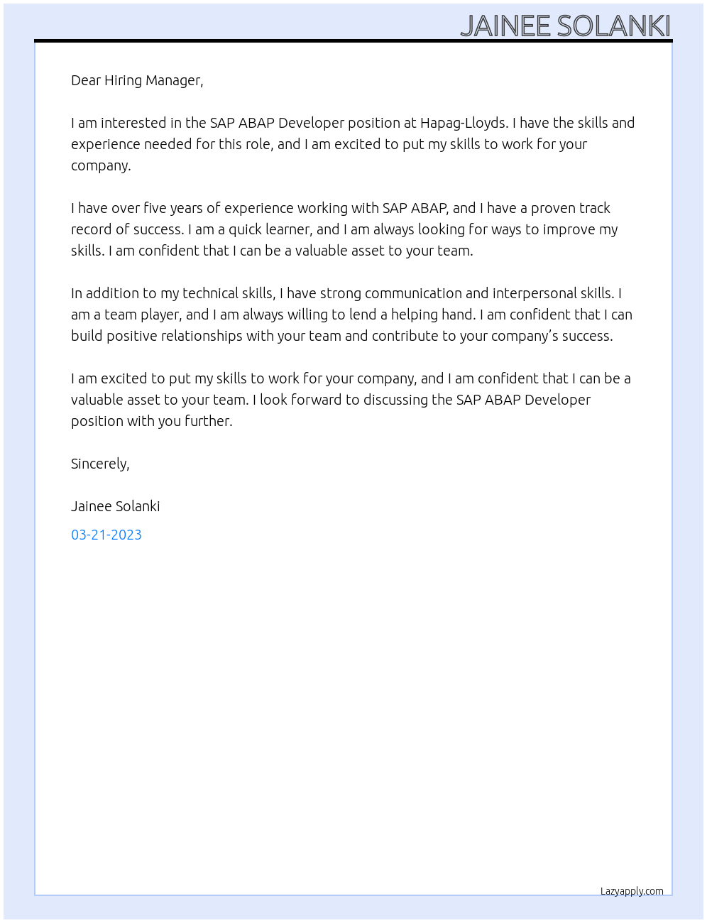 SAP ABAP Developer At Hapag-Lloyds Cover Letter