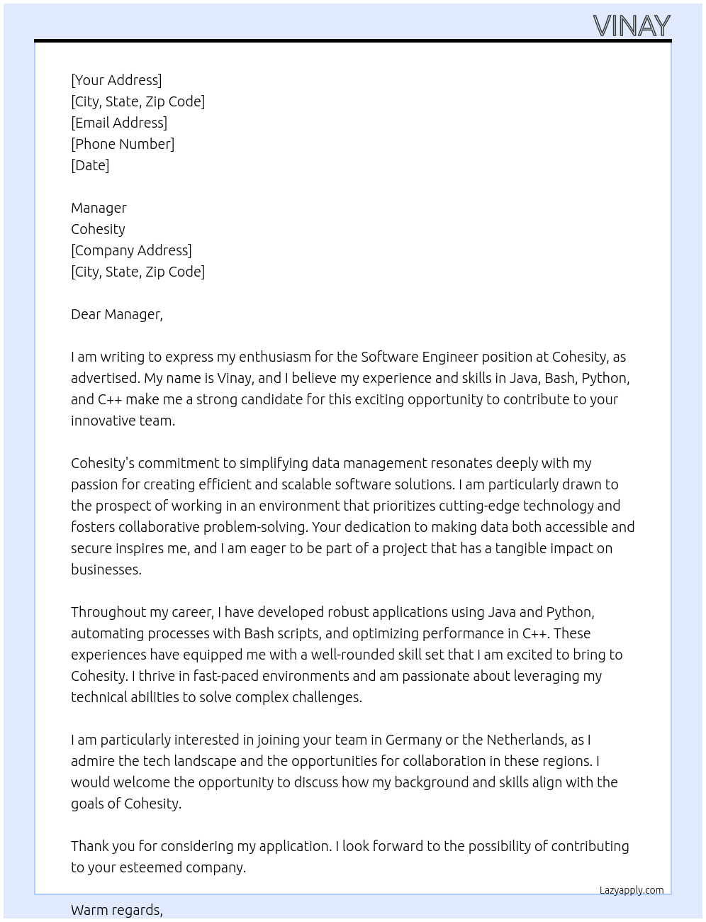 Software Engineer At Cohesity Cover Letter