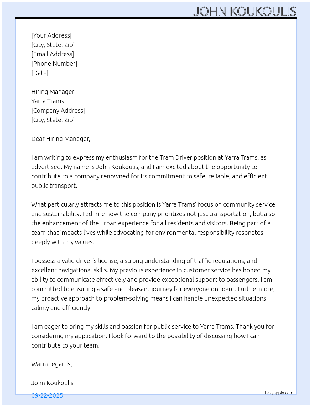 Cover letter for tram driver - LazyApply