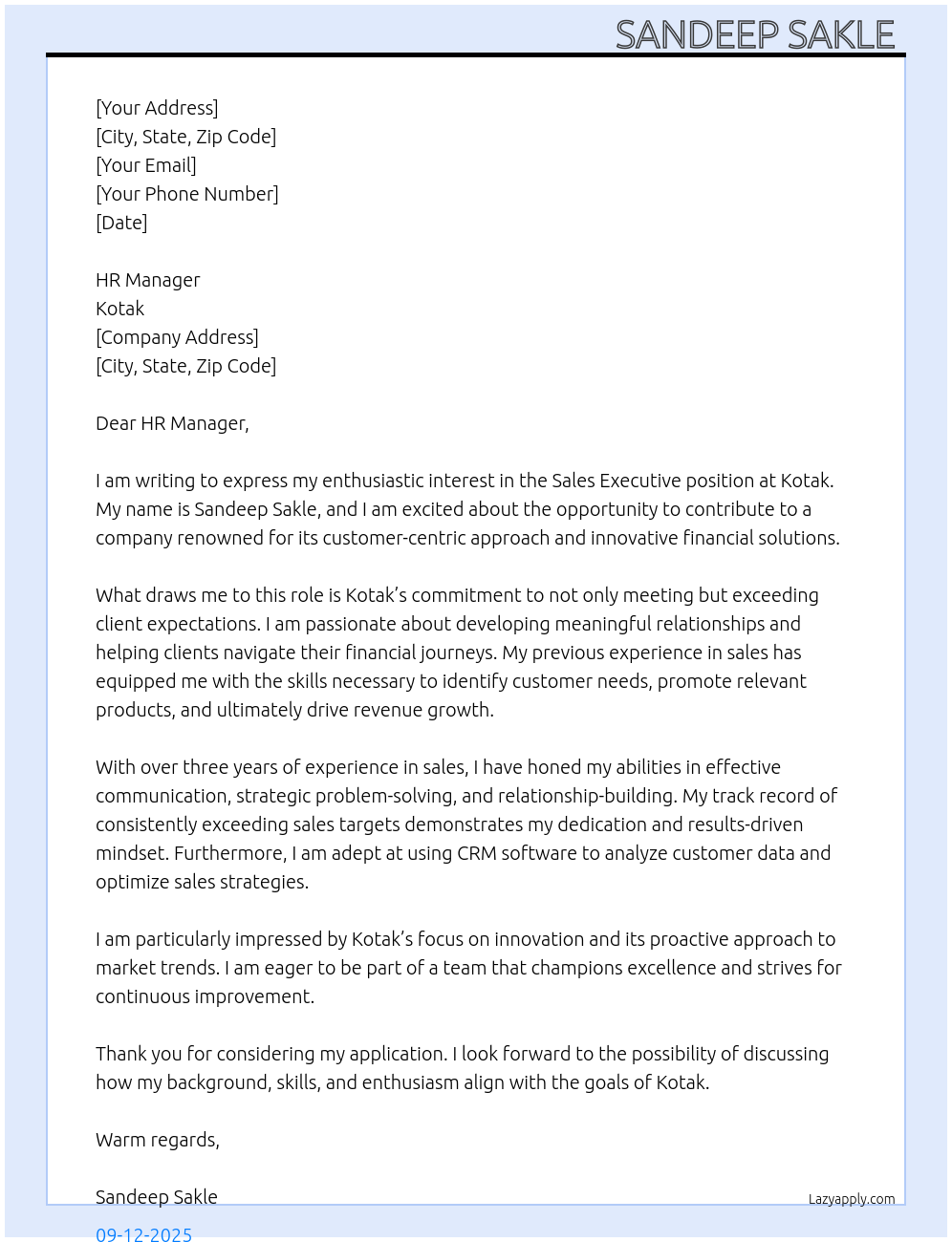 Sales Executive  At Kotak  Cover Letter