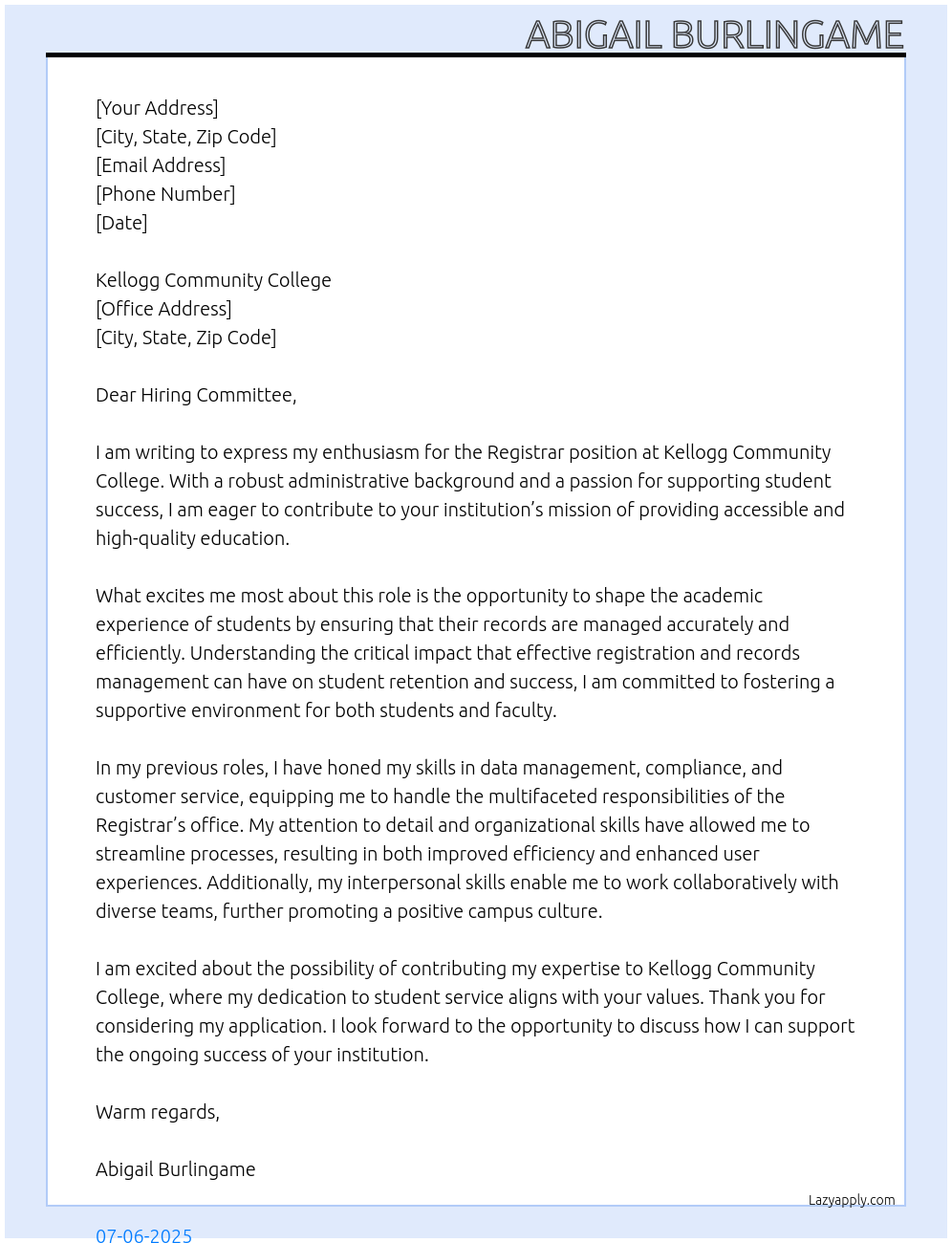 Registrar At Kellogg Community College Cover Letter