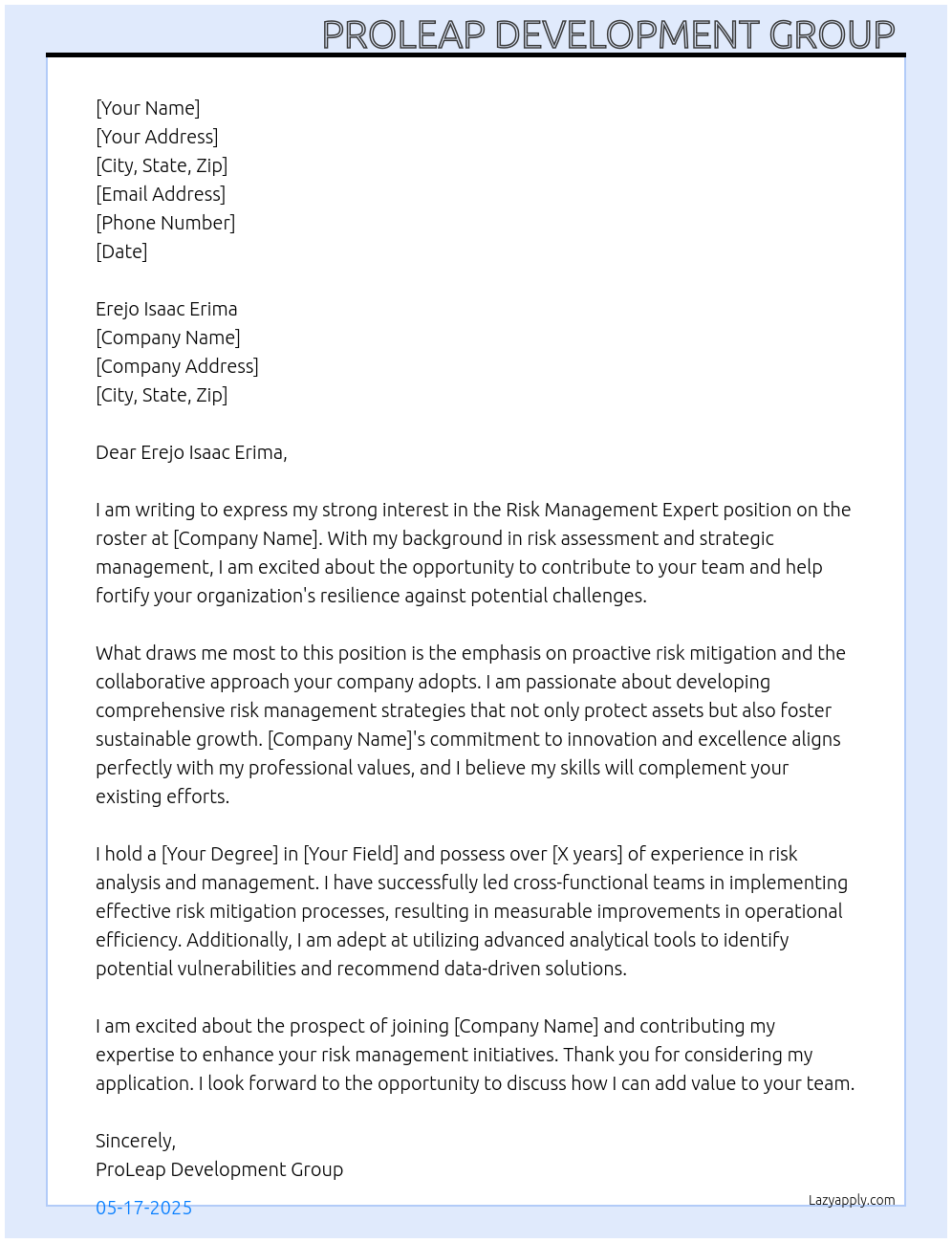 Risk Management Expert, Roster At Erejo Isaac Erima Cover Letter