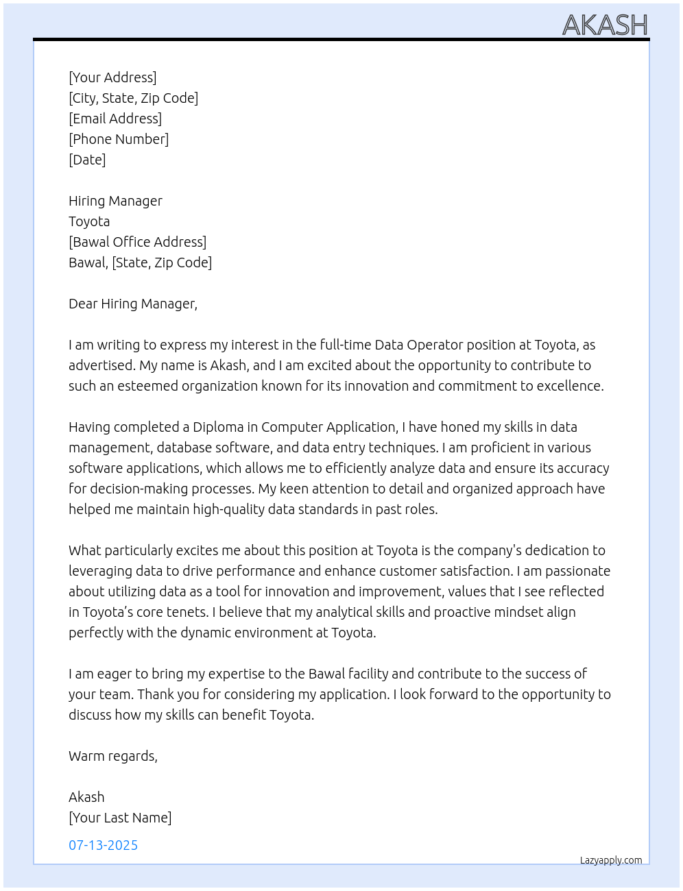 Data operator At Toyota Cover Letter
