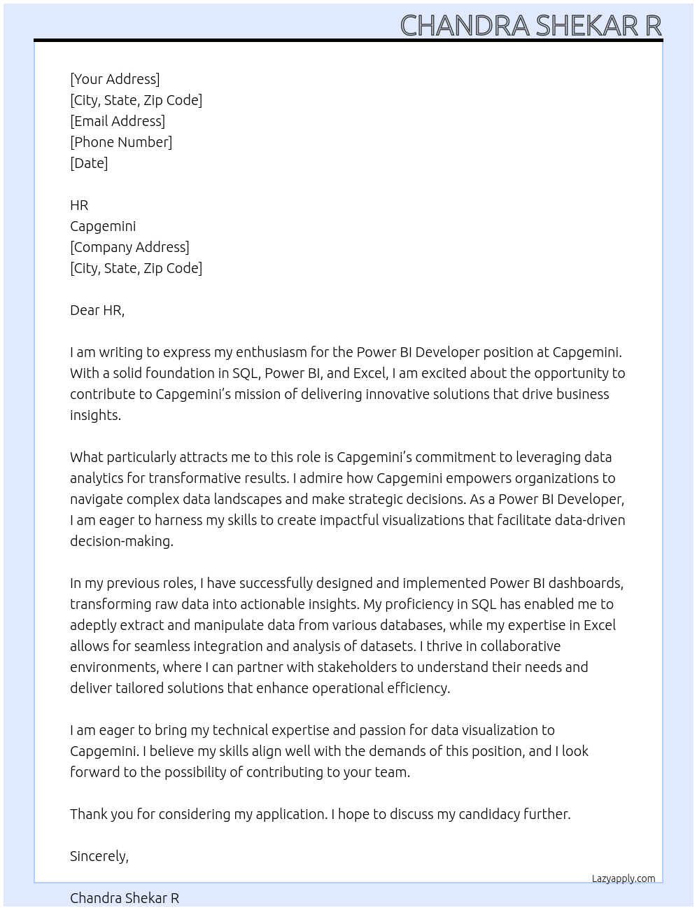 Power BI Developer At Capgemini Cover Letter