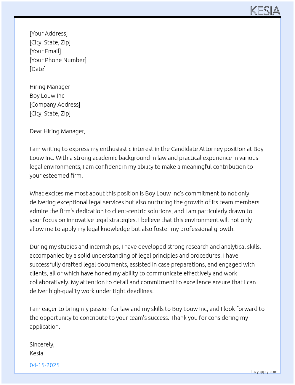 Candidate Attorney At Boy Louw Inc Cover Letter