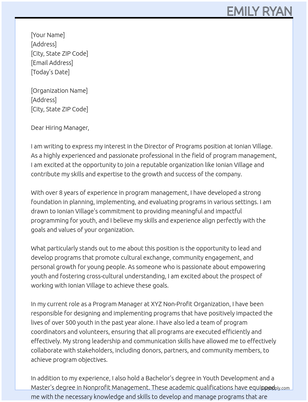 Director of programs At Ionian Village Cover Letter