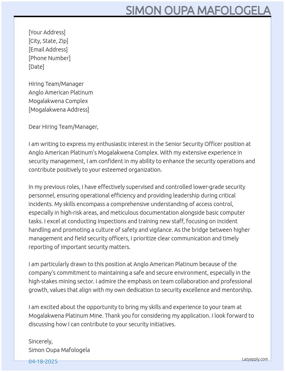 Senior Security Officer At Anglo American Platinum - Mogalakwena COMPLEX Cover Letter