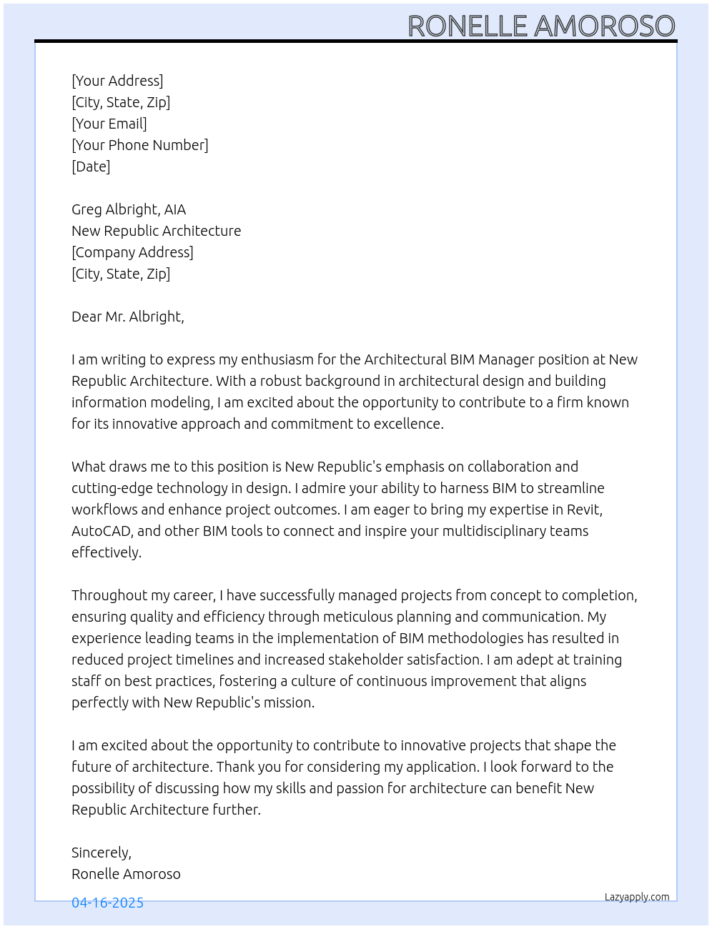 Architectural BIM Manager At New Republic Architecture Cover Letter