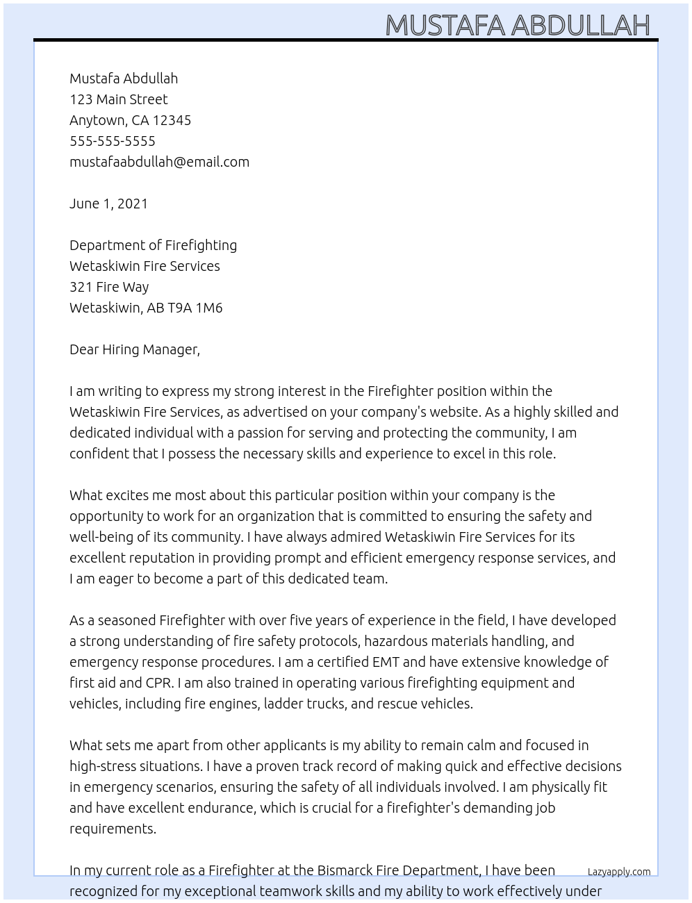 Firefighter At Wetaskiwin Fire Services Cover Letter