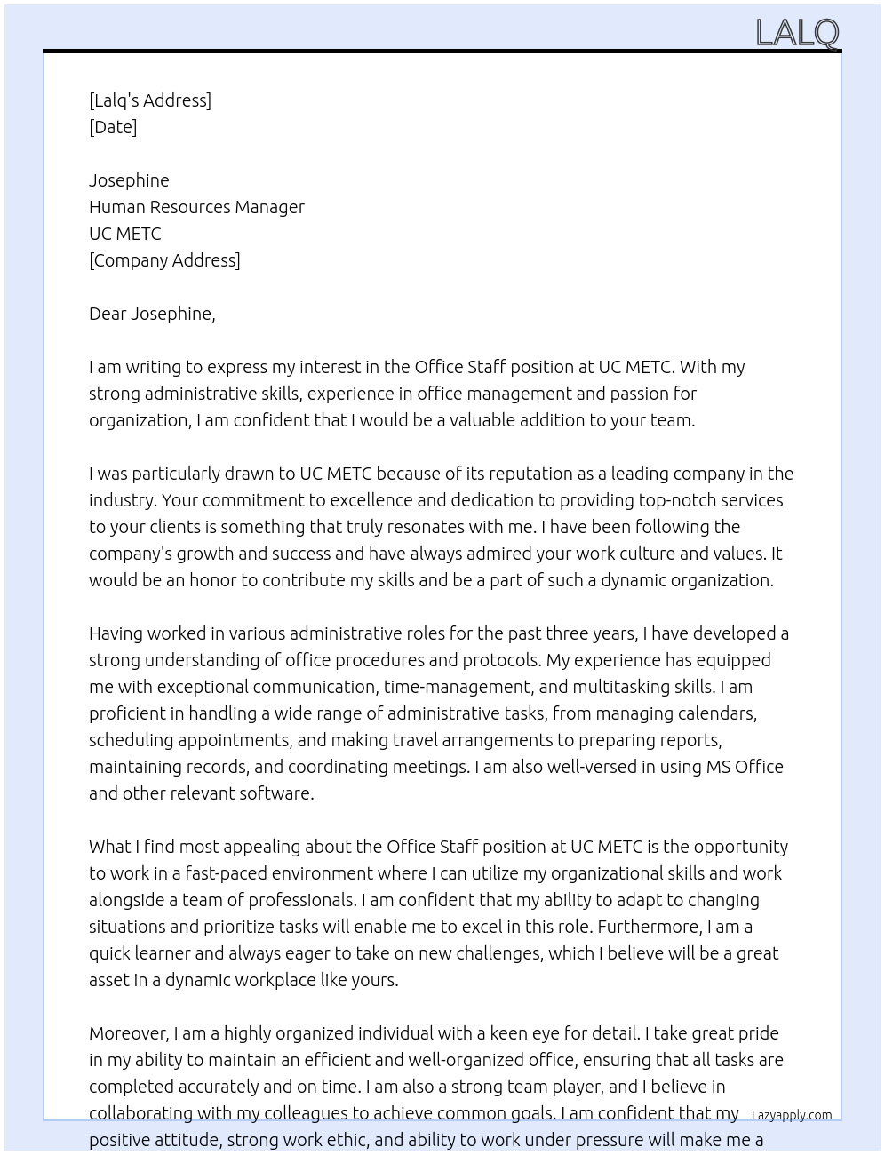 Office Staff At UC METC Cover Letter