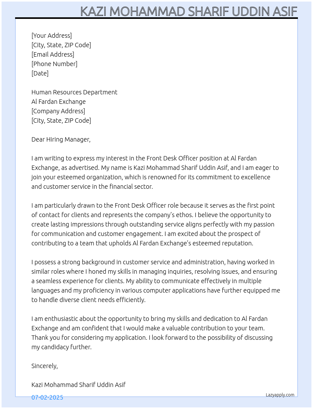 Front desk officer At Al fardan exchange Cover Letter