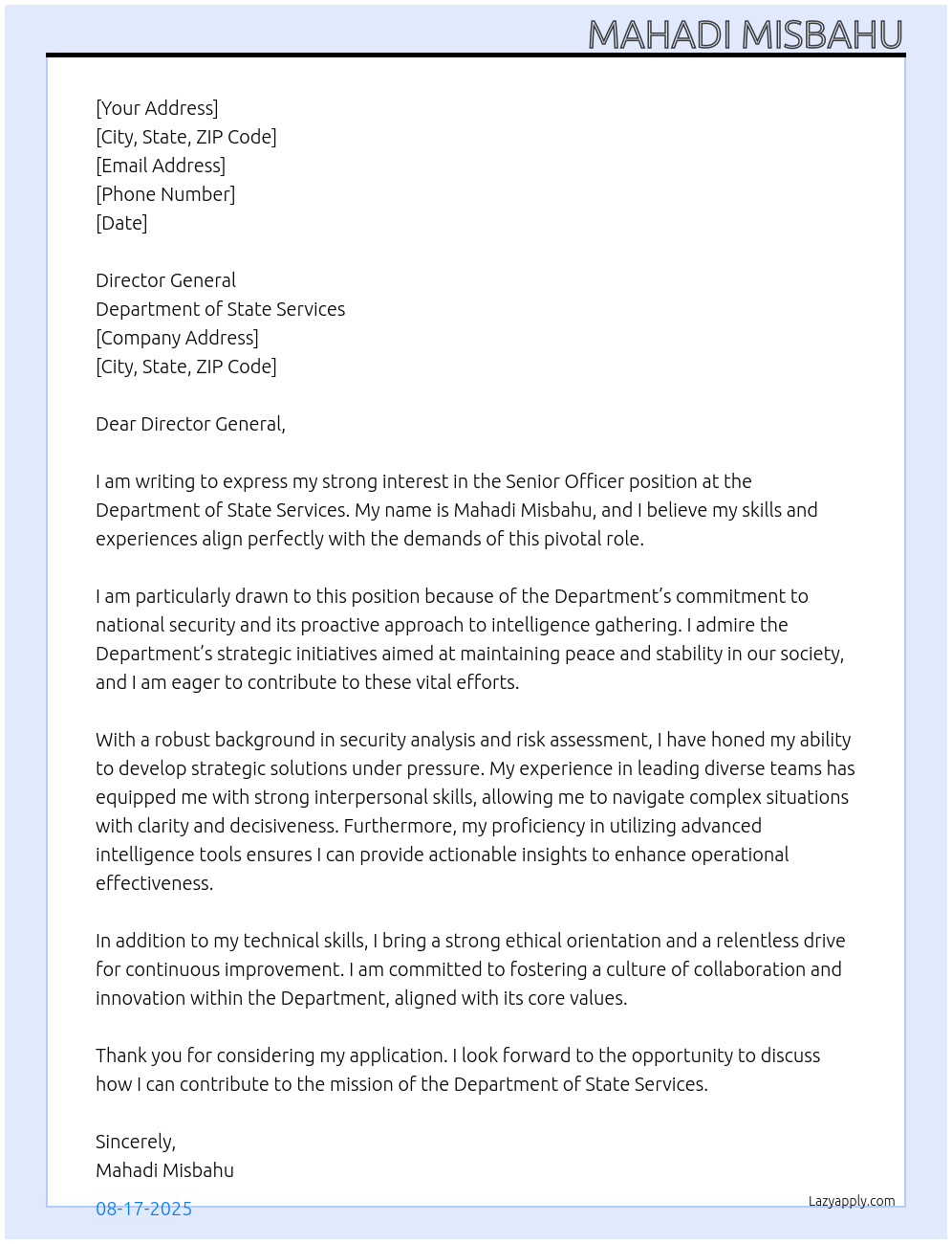 Senior Officer At Department of State Services Cover Letter