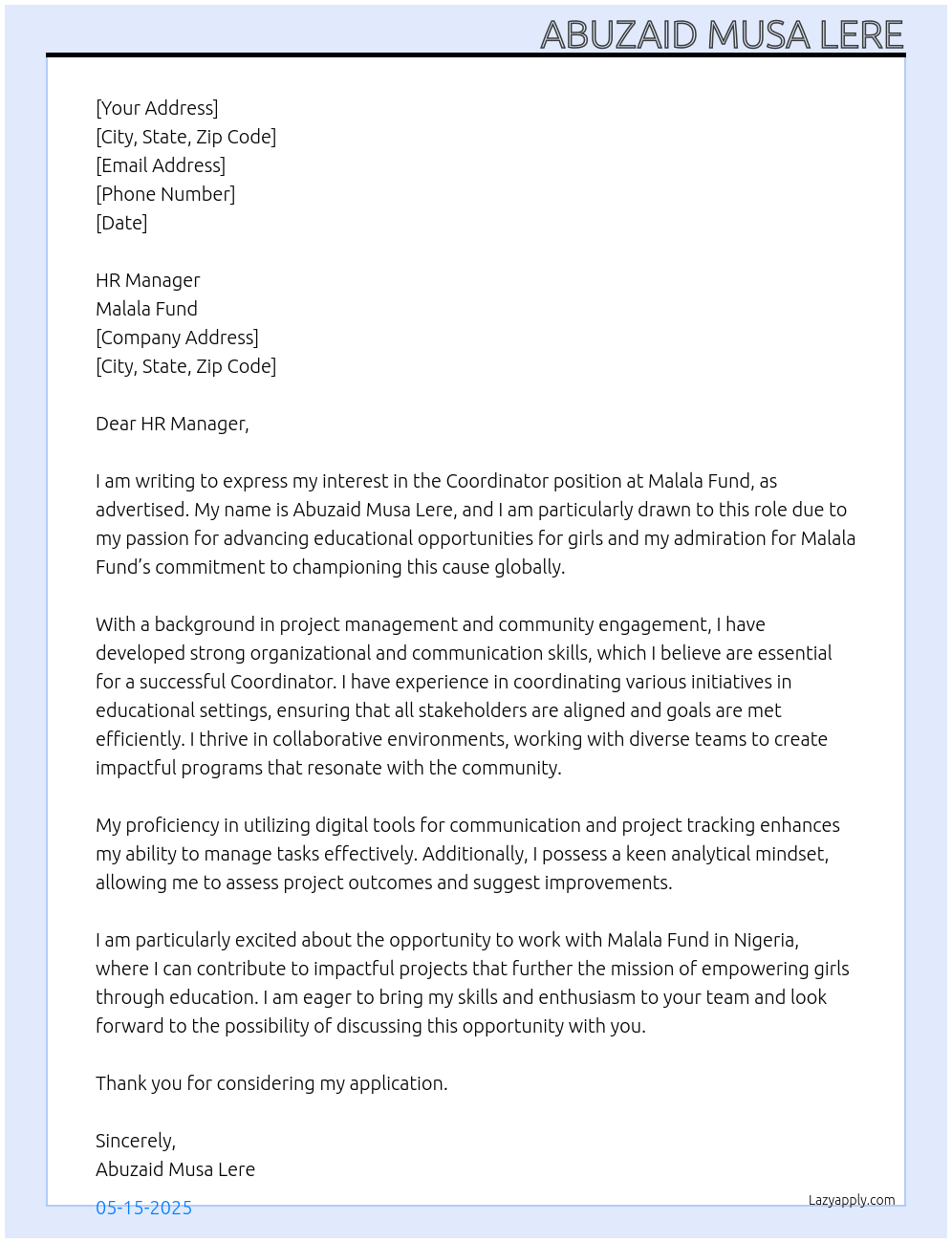 Coordinator At Malala Fund Cover Letter