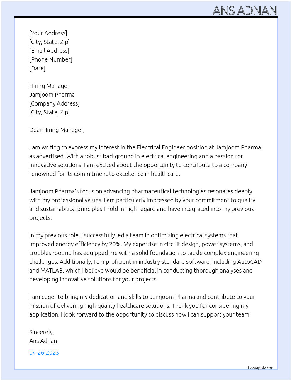 electrical engineer At Jamjoom Pharma Cover Letter