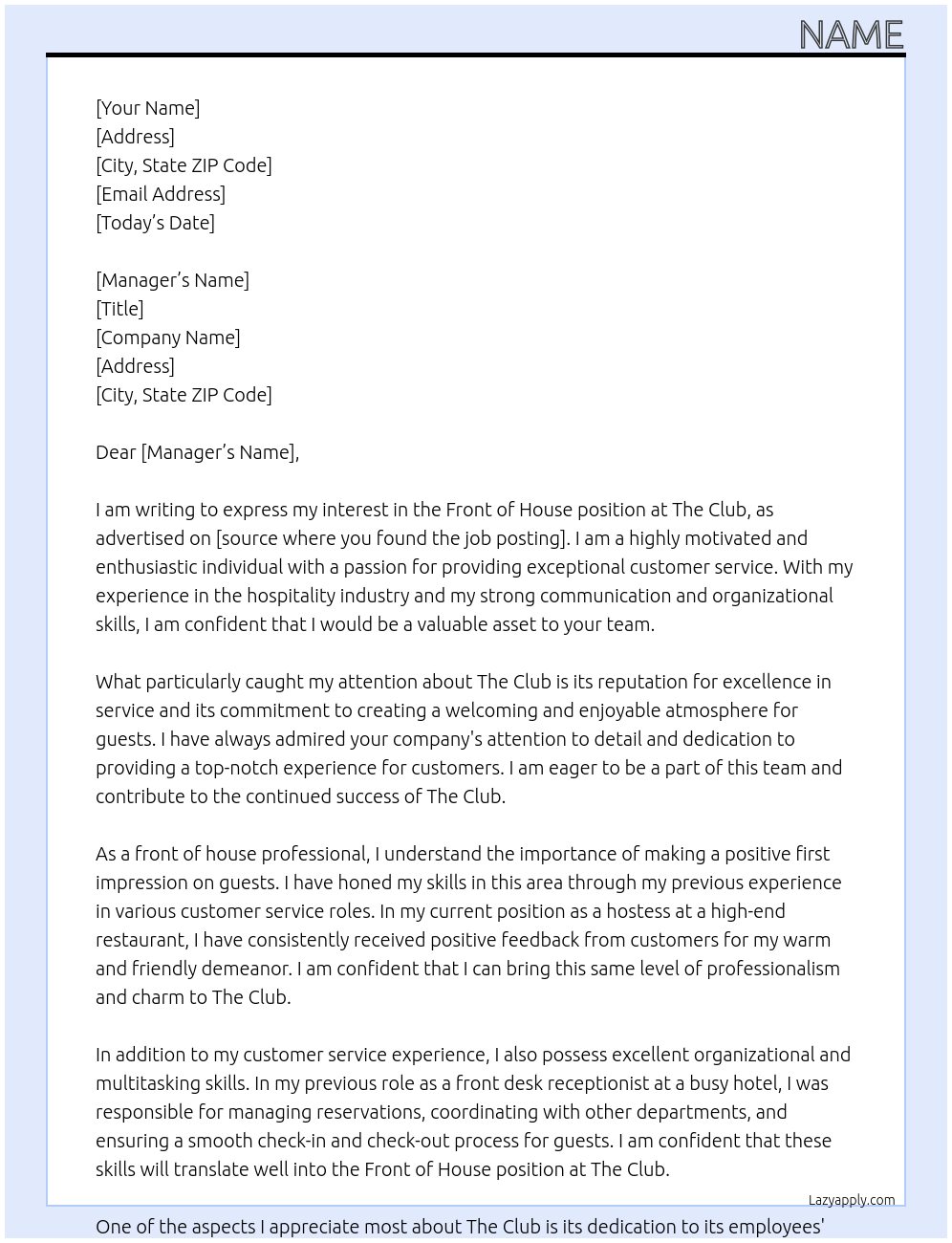 front of house At the club Cover Letter