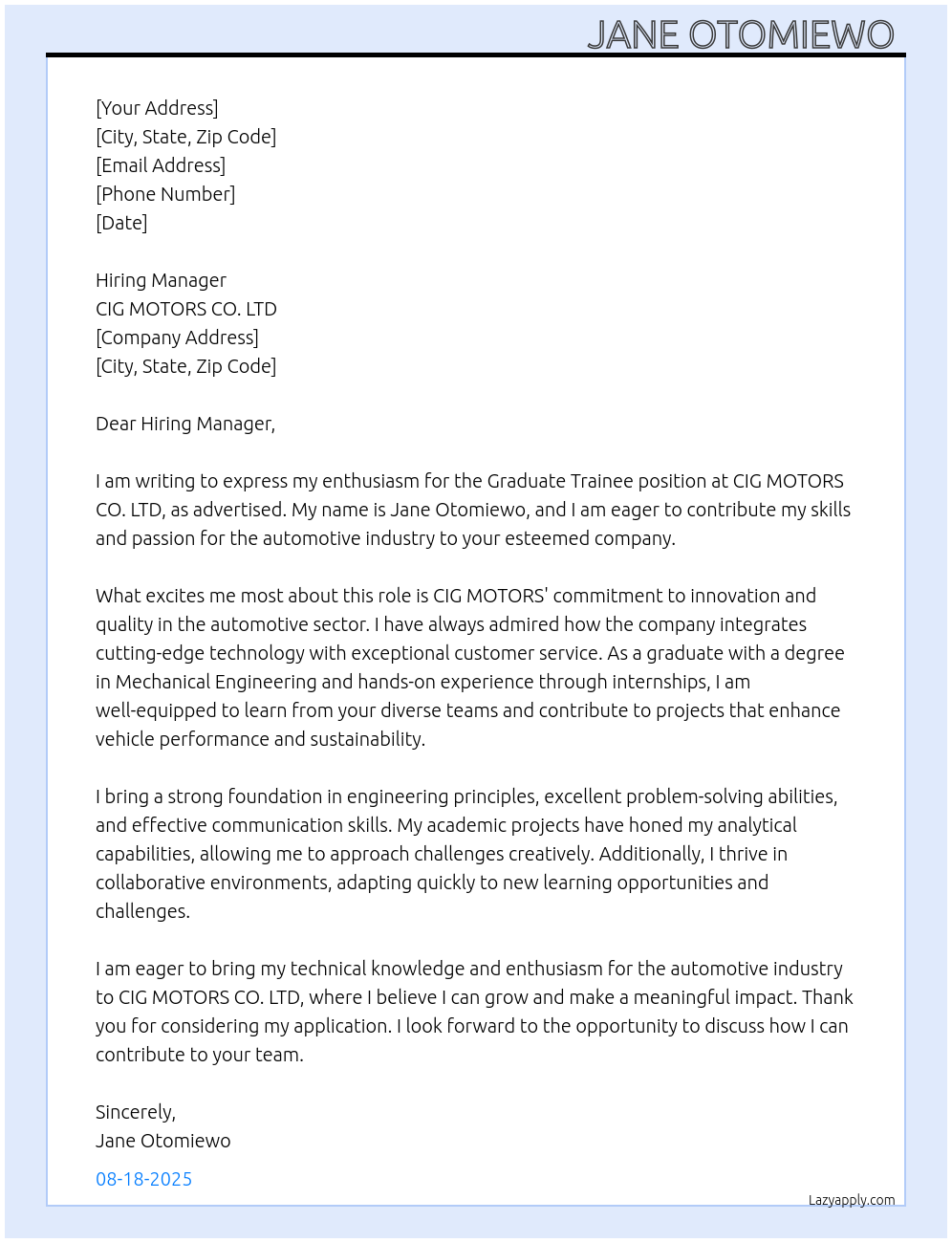 Graduate trainee  At CIG MOTORS CO. LTD Cover Letter