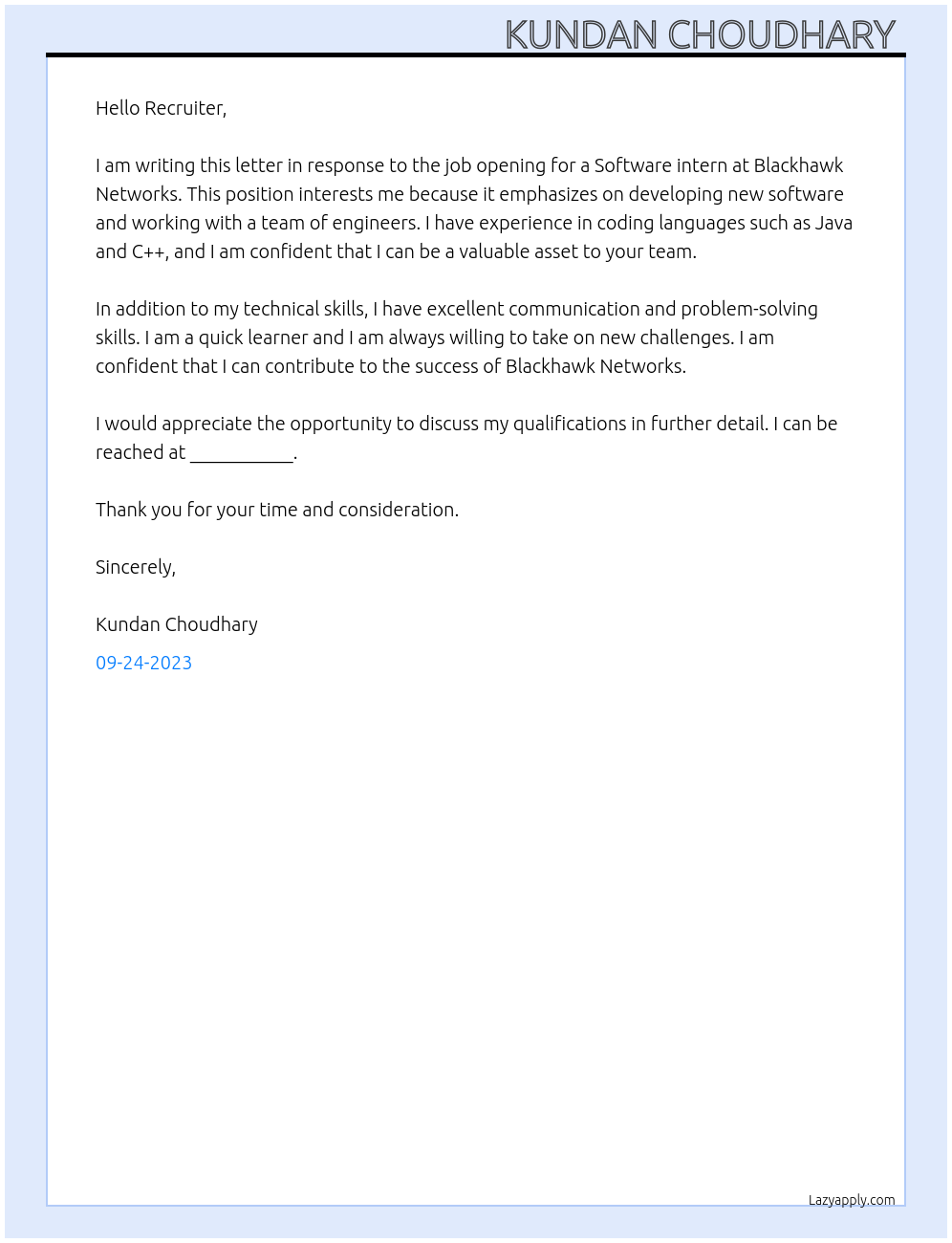 Software intern At Blackhawk Networks Cover Letter