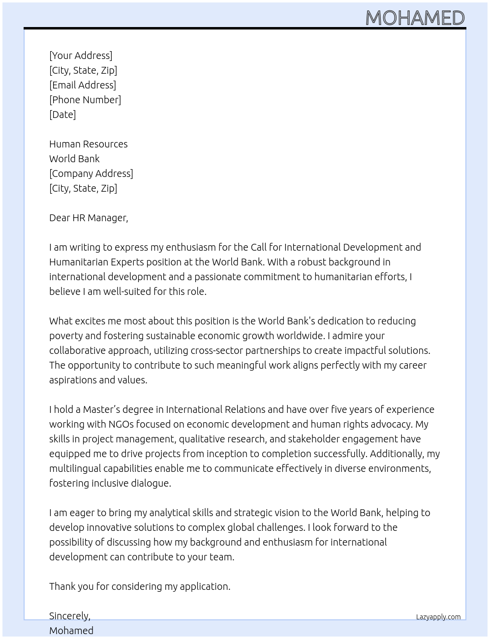 Call for International Development and Humanitarian Experts (World Bank) At World Bank Cover Letter