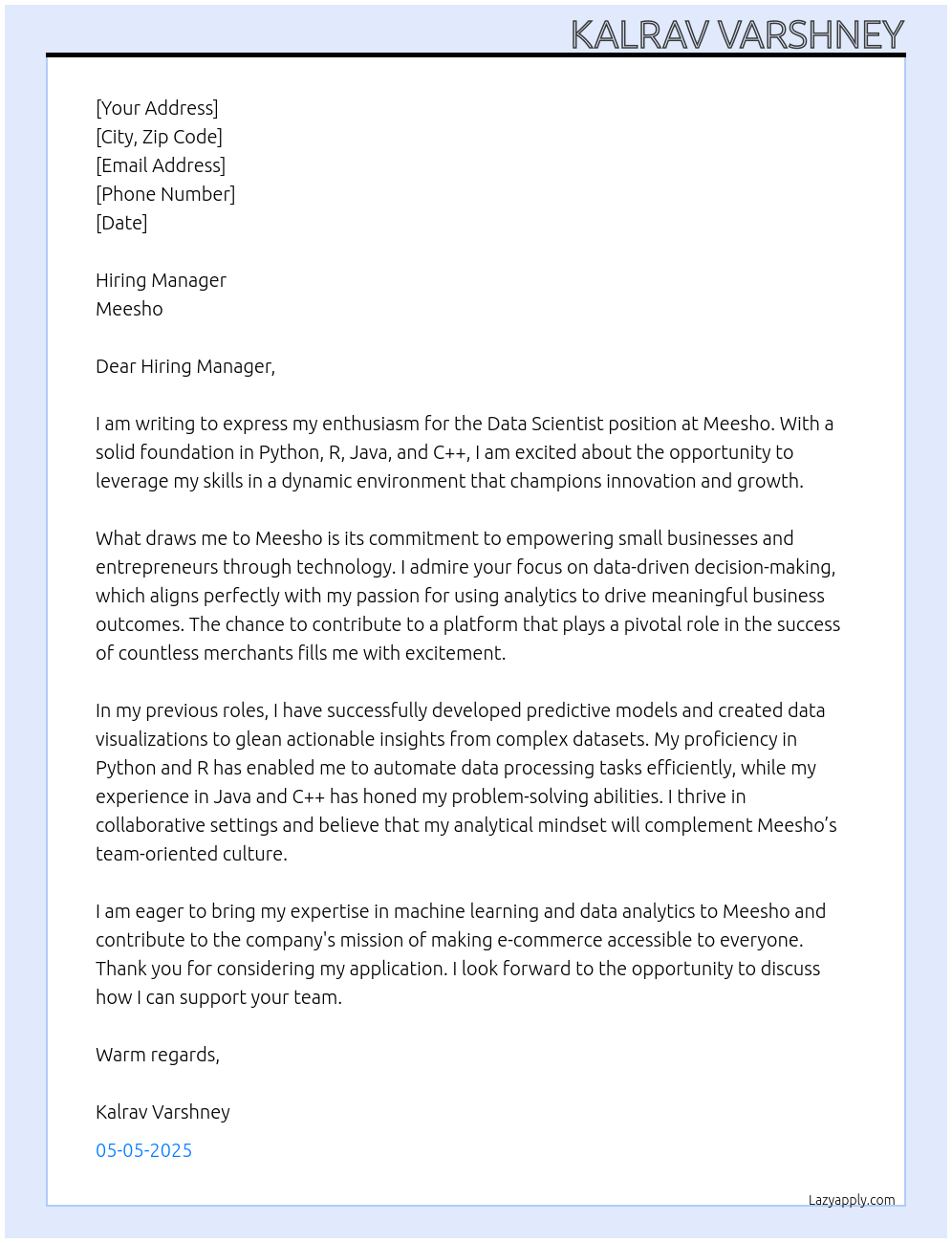 Data Scientist At Meesho Cover Letter