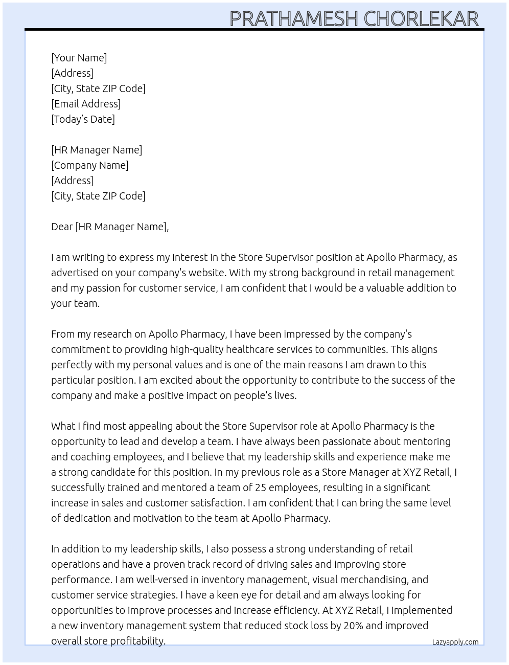 Store supervisor At Apollo pharmacy Cover Letter