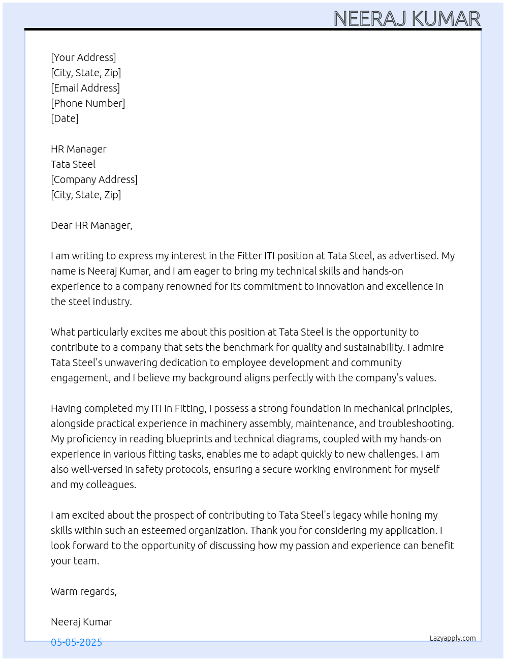 Cover letter for fitter iti - LazyApply