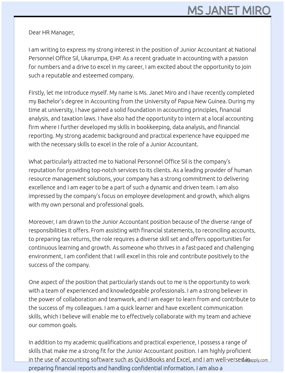 Junior Accountant At National Personnel Office Sil, Ukarumpa, EHP Cover Letter