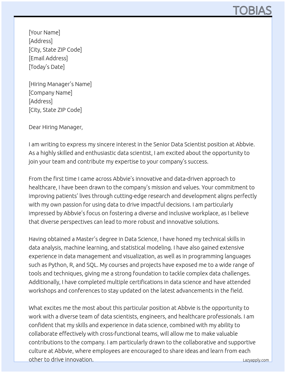 Senior Data Scientist At Abbvie Cover Letter