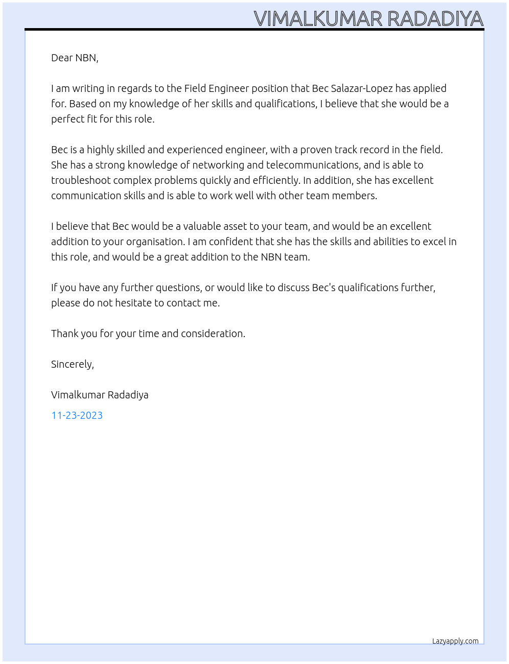 Field Engineer At NBN Cover Letter