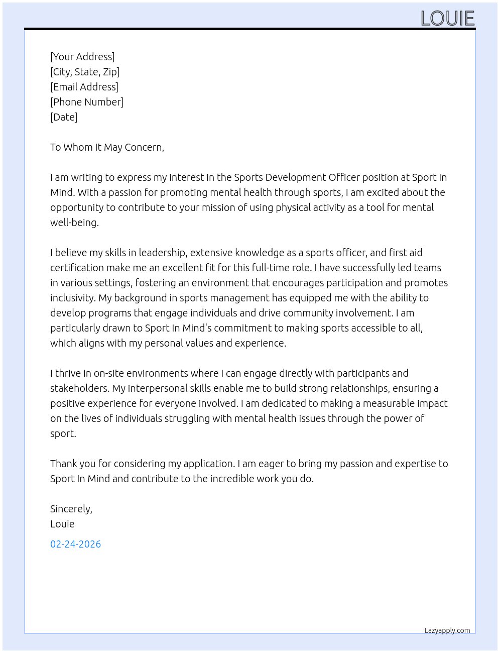 Sports development officer At Sport In Mind Cover Letter